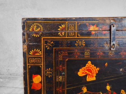 Hand-restored antique wooden chest with illustrations of an everyday scene from Imperial China (China, c.1840).