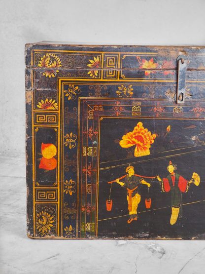 Hand-restored antique wooden chest with illustrations of an everyday scene from Imperial China (China, c.1840).