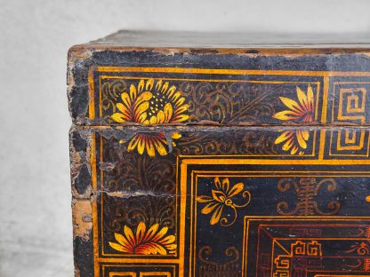 Hand-restored antique wooden chest with illustrations of an everyday scene from Imperial China (China, c.1840).