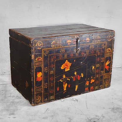 Hand-restored antique wooden chest with illustrations of an everyday scene from Imperial China (China, c.1840).