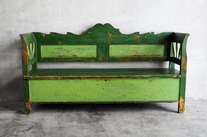 Antique decorative bench in green colour and backrest (Hungary, c.1920)