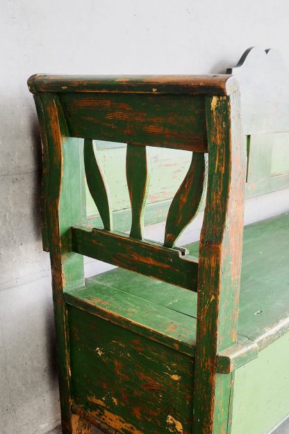 Antique decorative bench in green colour and backrest (Hungary, c.1920)