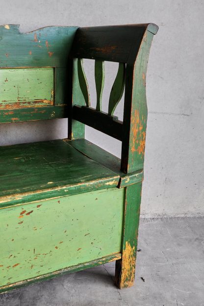 Antique decorative bench in green colour and backrest (Hungary, c.1920)