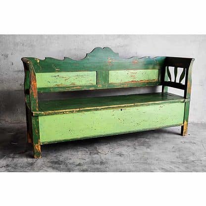 Antique decorative bench in green colour and backrest (Hungary, c.1920)