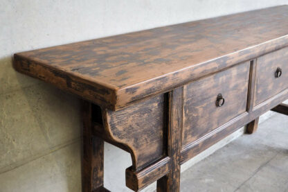 Consola grande de madera antigua de olmo con pátina oscura