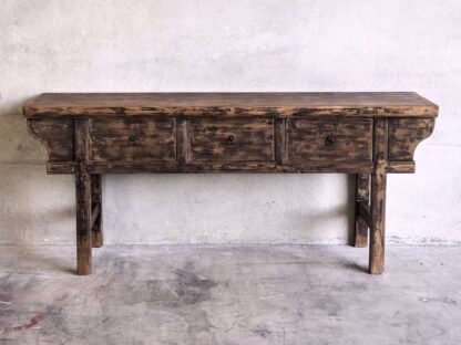 Consola grande de madera antigua de olmo con pátina oscura