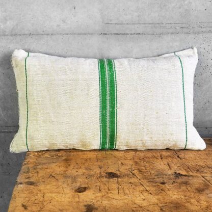 Green striped cushion in natural linen handmade with old flour sacks