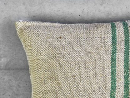 Green natural linen cushion handmade with old flour sacks #7