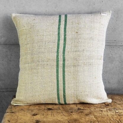 Green natural linen cushion handmade with old flour sacks #7