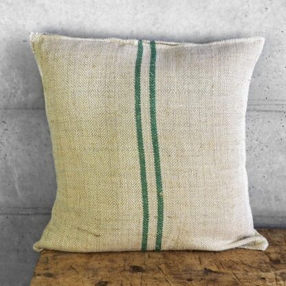 Green natural linen cushion handmade with old flour sacks #7