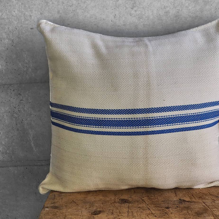 Blue striped cushion made from old sacks N17