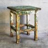 Table de chevet basse ancienne en bois vert turquoise et blanc (vers 1920)