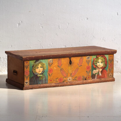 Antique orange trunk with drawings of little girls (c. 1920) #77