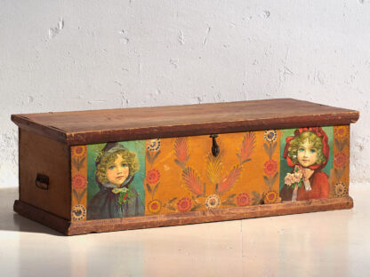 Antique orange trunk with drawings of little girls (c. 1920) #77