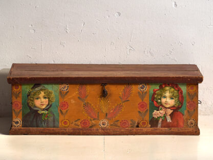 Antique orange trunk with drawings of little girls (c. 1920) #77