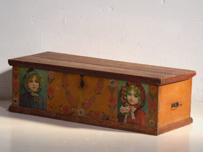 Antique orange trunk with drawings of little girls (c. 1920) #77