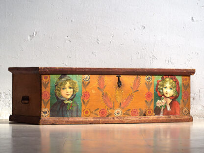 Antique orange trunk with drawings of little girls (c. 1920) #77