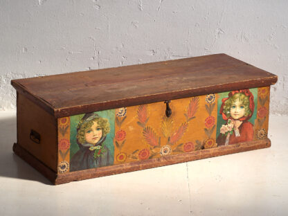 Antique orange trunk with drawings of little girls (c. 1920) #77