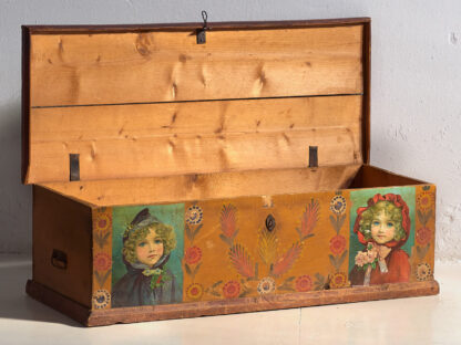 Antique orange trunk with drawings of little girls (c. 1920) #77