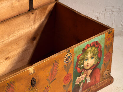 Antique orange trunk with drawings of little girls (c. 1920) #77