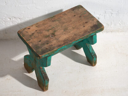 Antique primitive style stool in navy green color (c.1920) #7