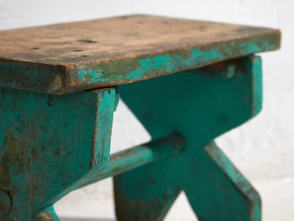 Antique primitive style stool in sea green color (c.1920) #7