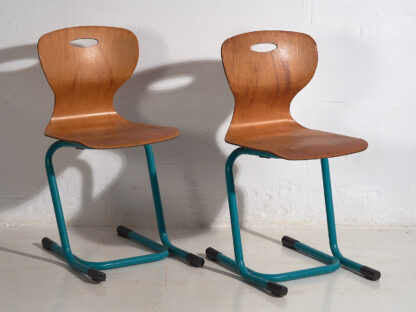 Chaises d'école vintage bleu turquoise (c.1950). Ensemble de 4 pièces