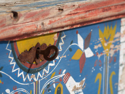 Antique blue antique wooden trunk with floral details (c.1920)