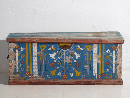 Antique blue antique wooden trunk with floral details (c.1920)