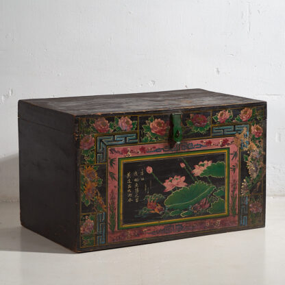 Baúl decorativo antiguo oriental con pinturas de flor de loto (c.1900) #11