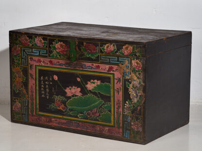 Baúl decorativo antiguo oriental con pinturas de flor de loto (c.1900) #11