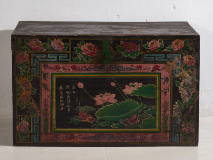 Baúl decorativo antiguo oriental con pinturas de flor de loto (c.1900) #11