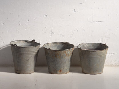 Antique galvanized metal buckets (c.1920). Set of 3 pieces