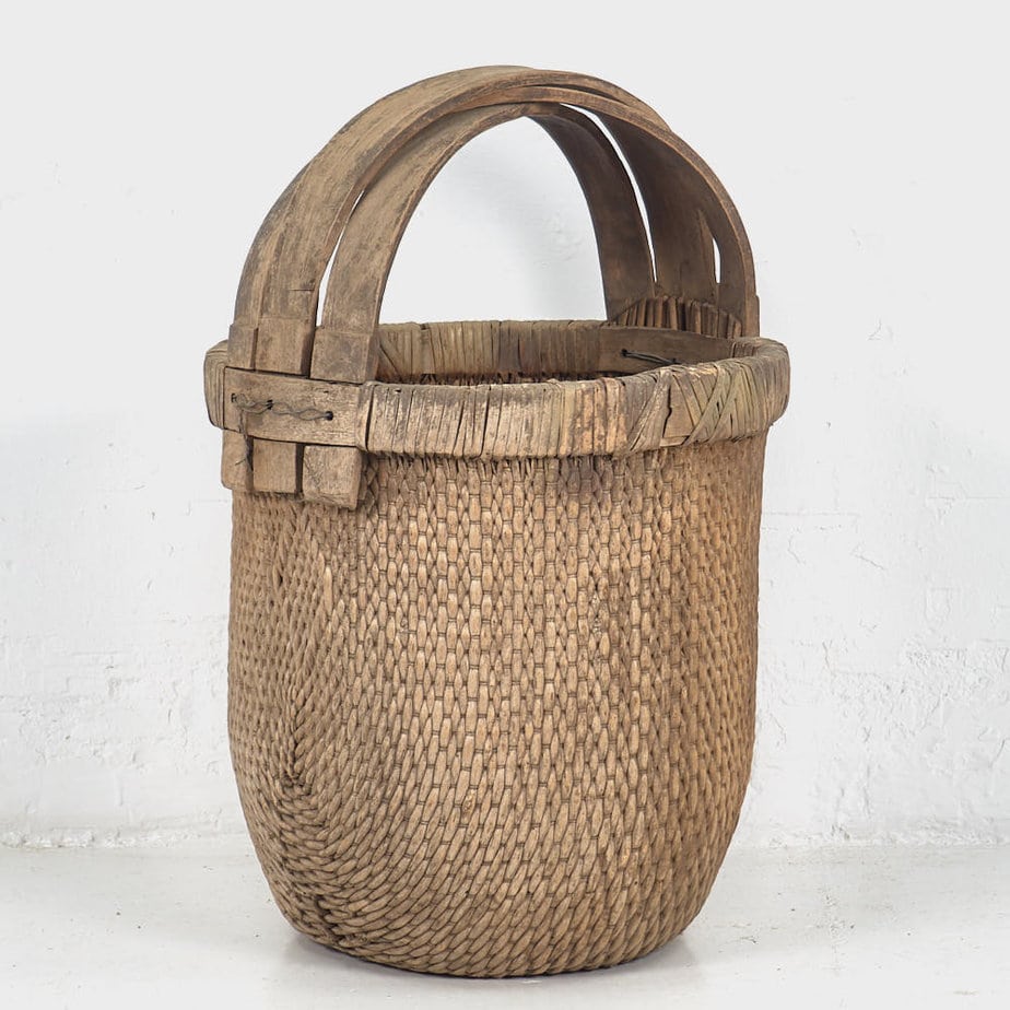 Cesta de pescador antigua con asa de madera maciza (c.1870) #5