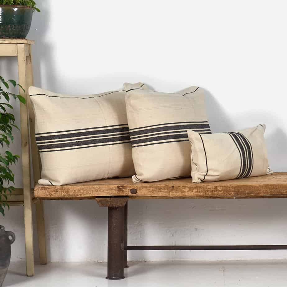 Antique black striped natural linen cushion with black stripes (c. 1900)